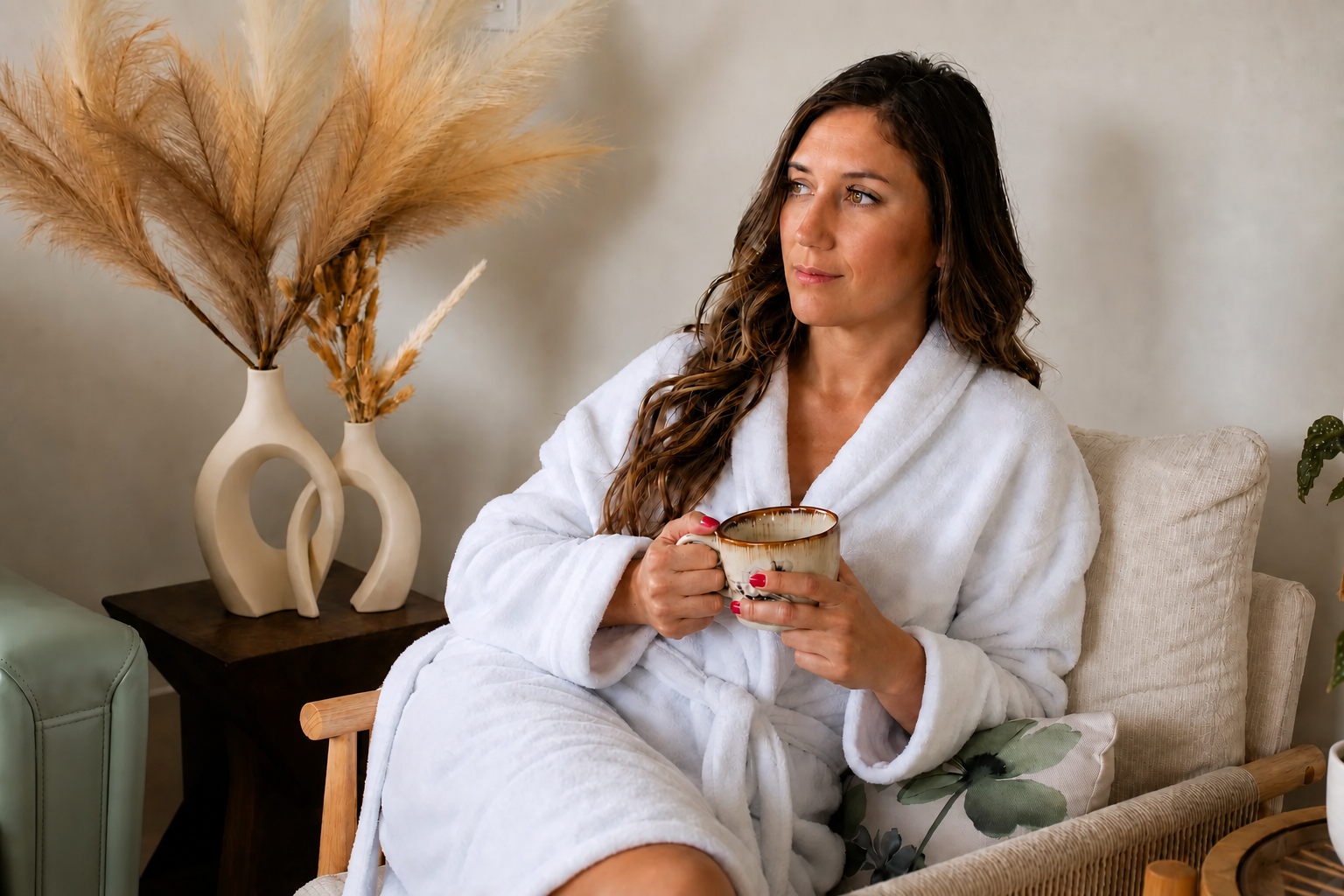 A guest relaxing in the Resurrection Spa lounge with a warm drink