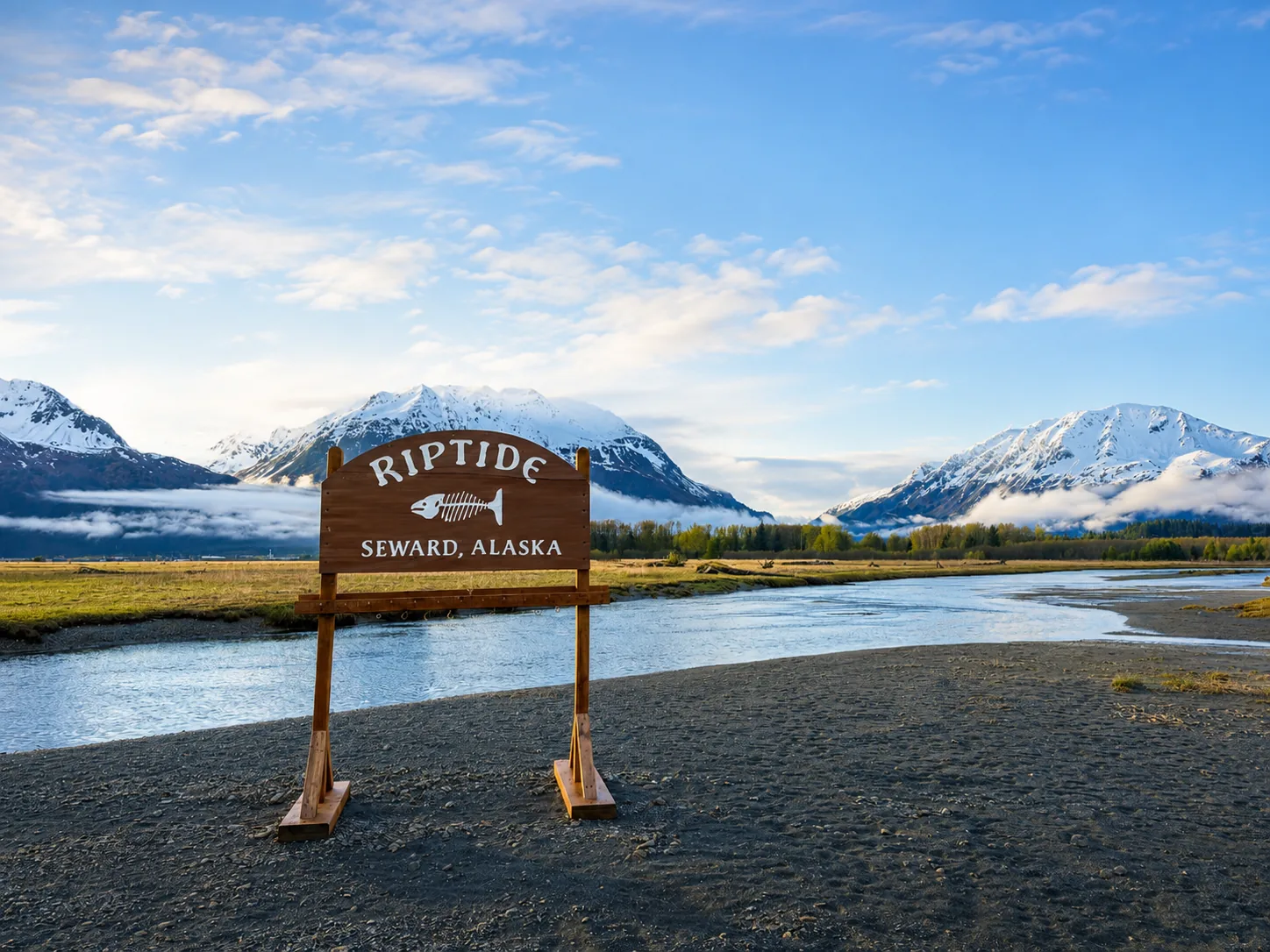 RipTide Seward sign beside Resurrection Bay and snow-covered mountains