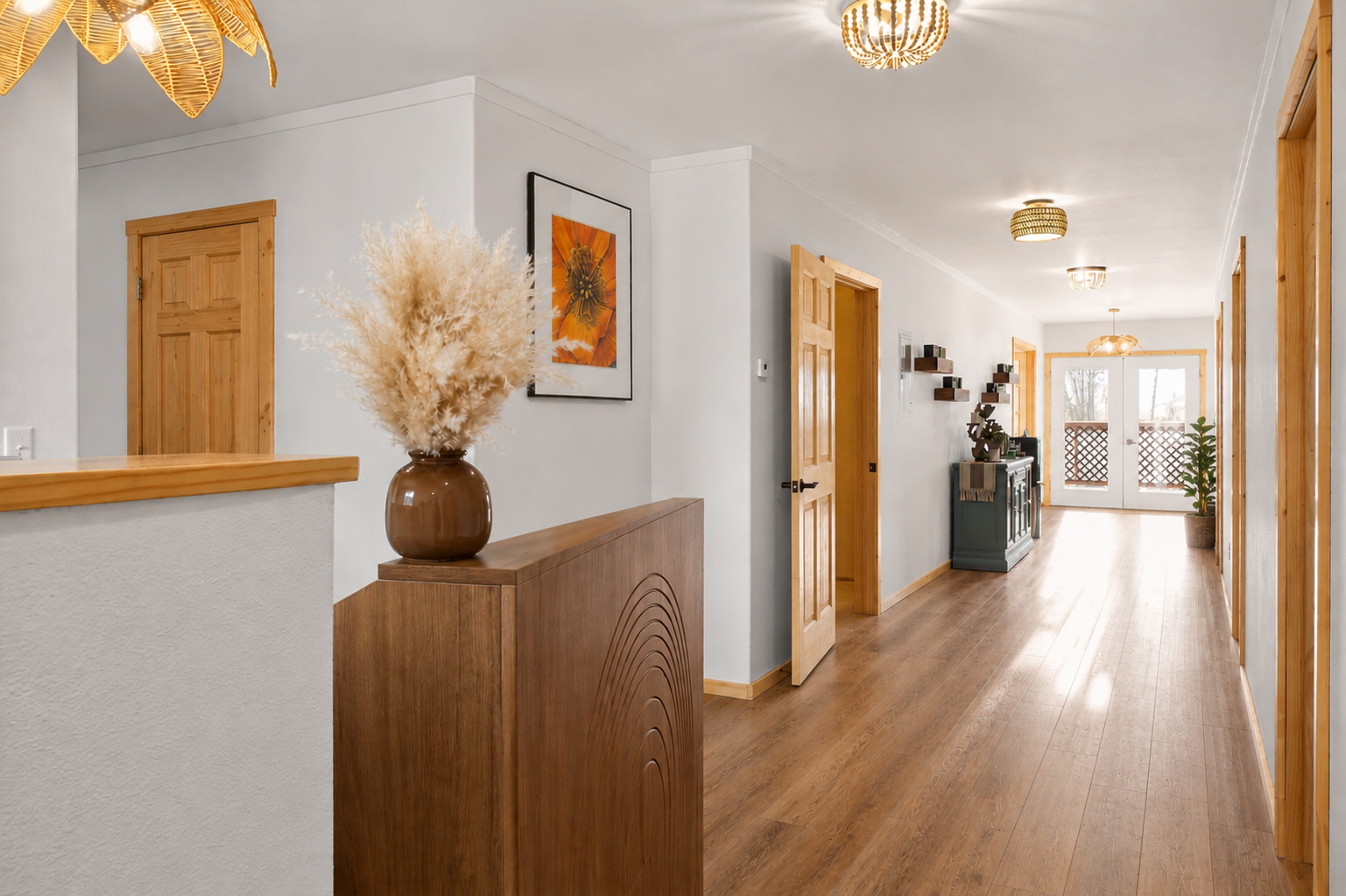 Bright, warmly finished hallway inside Resurrection Spa
