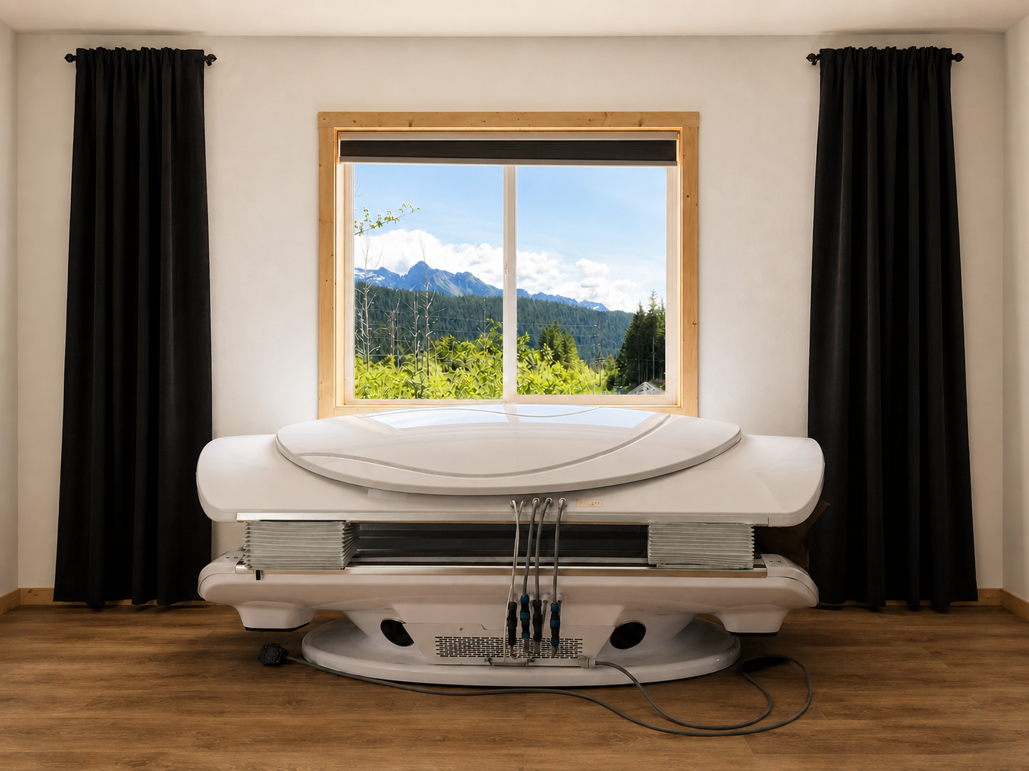 Red light therapy bed near a mountain-view window